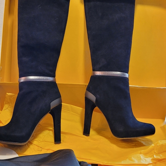 FENDI over the knee boots black suede boots with metallic leather bands.
